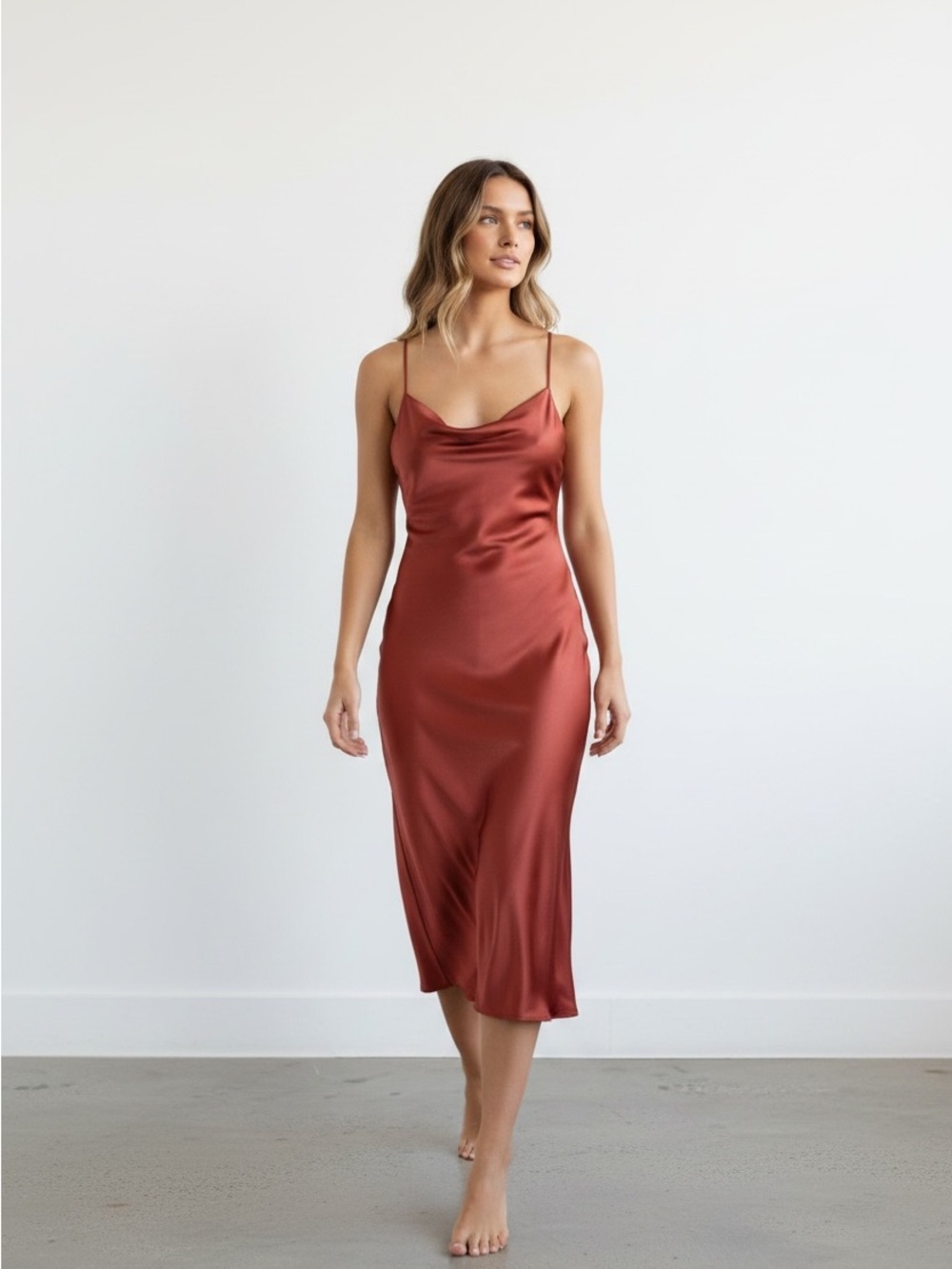 Lulu's Satin Slip Midi Dress in Rust Copper